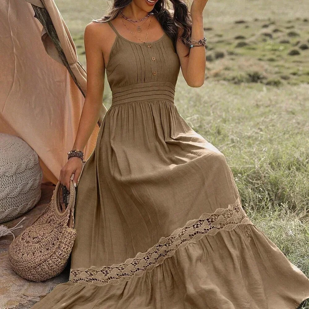 Khaki Casual Women's Contrast Lace Ruffle Hem Cami Maxi Sundress - Picture 5 of 5